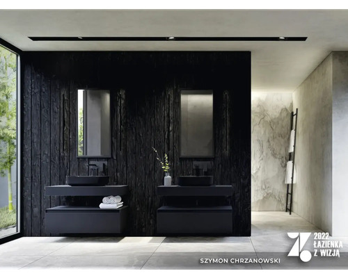 Salle de bain avec deux lavabos, miroirs et lambris en bois foncé