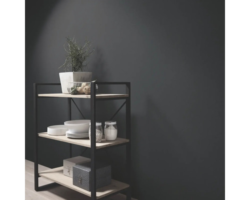 Regal mit drei Ablagen, dekoriert mit Pflanzen, Schalen und Vorratsgläsern vor dunkler Wand