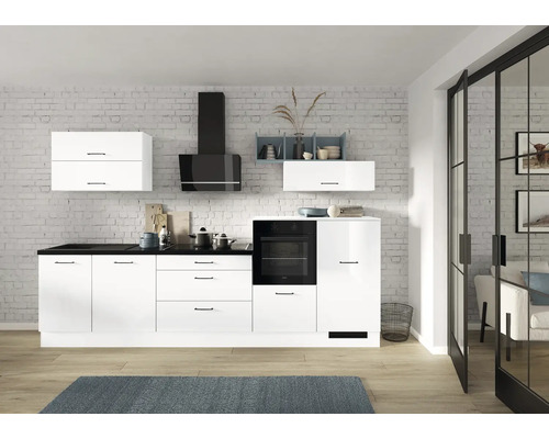 Cuisine complète IMPULS avec appareils PUCCI 320 cm blanc haute brillance prémontée variante droite IP405-IKZ1320LA-K517-F791-A146-G782 Cuisine complète IMPULS avec appareils PUCCI 320 cm blanc haute brillance prémontée variante droite IP405-IKZ1320LA-K517-F791-A146-G782