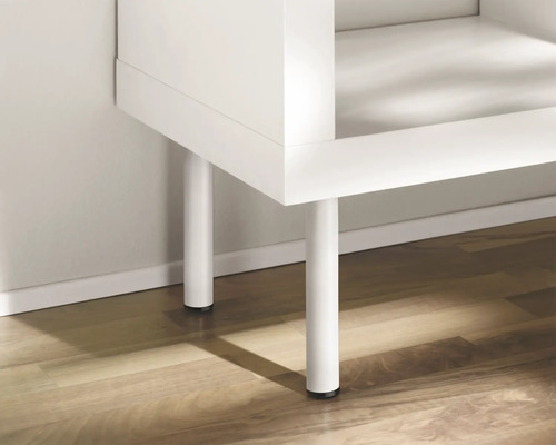 Vue détaillée d''un meuble blanc avec des pieds ronds