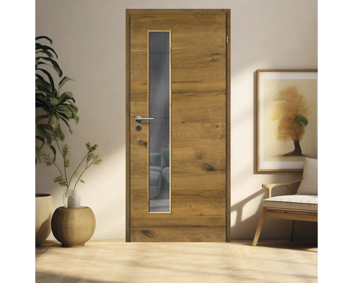 Porte en bois avec insertion en verre dans un intérieur