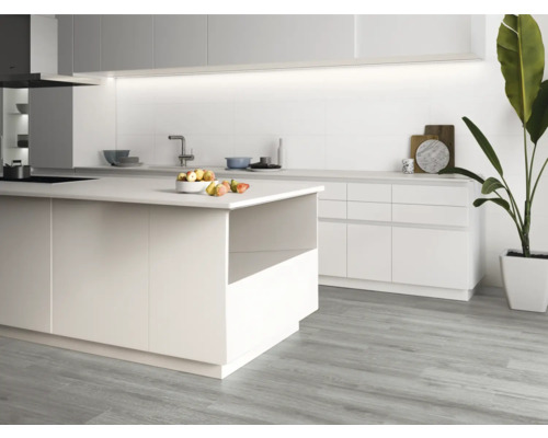 Helle Küche mit Kücheninsel, Spüle und Pflanze im Topf