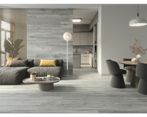 Salon avec canapé, table à manger et revêtement de sol aspect bois