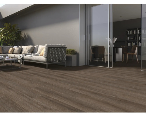 Terrasse mit dunklem Holzboden, Sofa und Blick in ein Zimmer mit Bücherregal