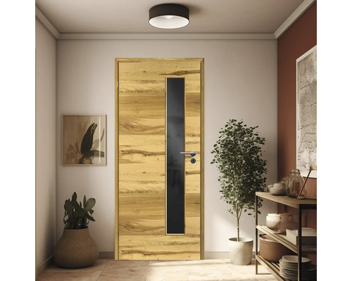 Porte intérieure en bois avec insert en verre dans une pièce lumineuse