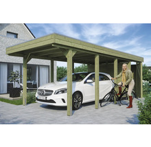 Holzcarport mit Auto und Fahrrad