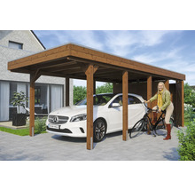 Holzcarport mit Auto und Fahrrad