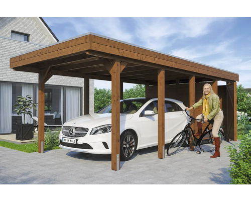 Carport en bois avec voiture et vélo