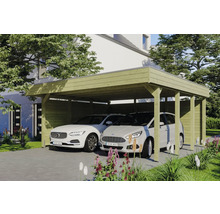 Doppelcarport aus Holz mit zwei geparkten Autos