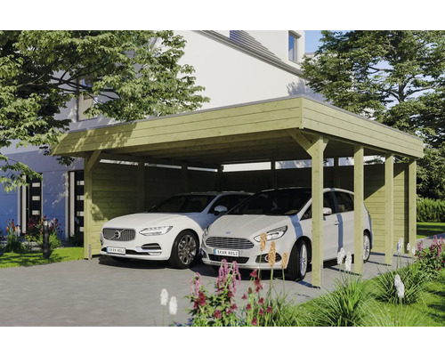 Doppelcarport aus Holz mit zwei geparkten Autos