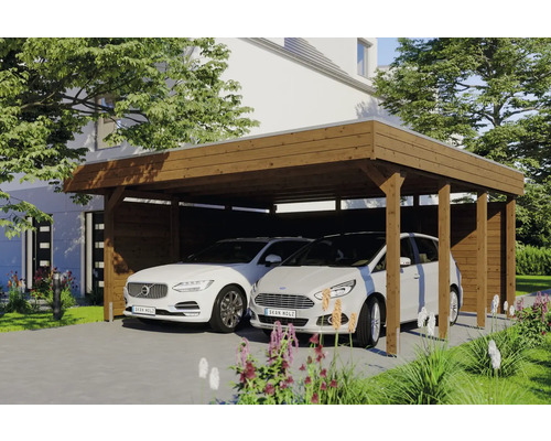 Double abri de voiture en bois avec deux voitures garées