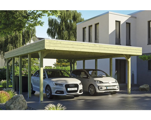 Carport aus Holz mit zwei geparkten Autos