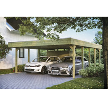 Doppelcarport aus Holz mit zwei geparkten Autos
