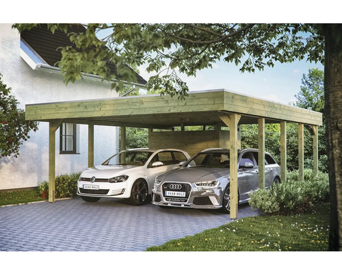 Double carport en bois avec deux voitures garées