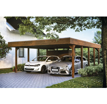 Doppelcarport aus Holz mit zwei parkenden Autos