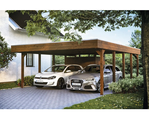 Double carport en bois avec deux voitures garées