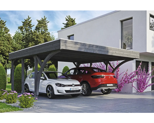 Carport double SKAN HOLZ Friesland kit 8 avec panneaux de toiture en aluminium et ancrage pour poteaux H 557 x 555 cm gris