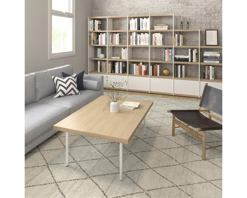 Salon avec canapé, table basse, étagère et fauteuil sur un tapis à motifs