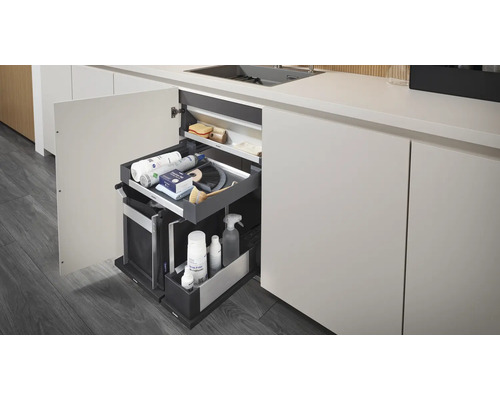 Meuble de cuisine avec tiroir coulissant pour produits de nettoyage et poubelles