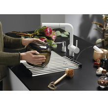 Scène de cuisine moderne avec robinet d''évier, égouttoir et éléments décoratifs sur un plan de travail foncé