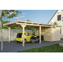 Carport aus Holz mit Geräteraum, Auto und Motorrad