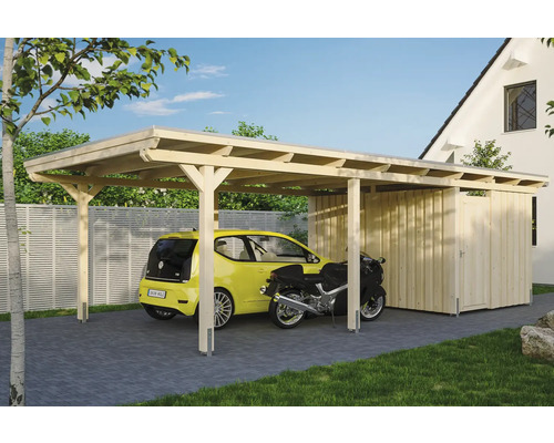 Einzelcarport SKAN HOLZ Emsland 404x846 cm mit Abstellraum und Aluminium-Dach natur