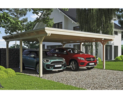 Double abri de voiture en bois avec deux voitures garées devant une maison