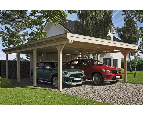 Doppelcarport SKAN HOLZ Emsland 613x846 cm mit Abstellraum und Aluminium-Dach natur