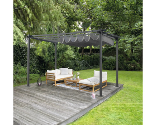 Pergola avec meubles sur une terrasse en bois dans le jardin