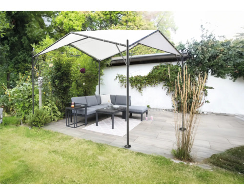 Scène de jardin avec pavillon et mobilier de salon sur une terrasse