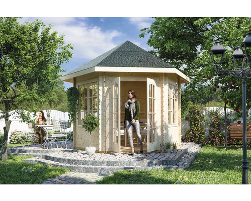 Blockbohlen-Pavillon SKAN HOLZ Madeira mit Fußboden und 2 Fenstern 350 x 303 cm natur