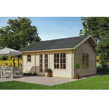 Abri de jardin en bois avec fenêtres et double porte dans le jardin
