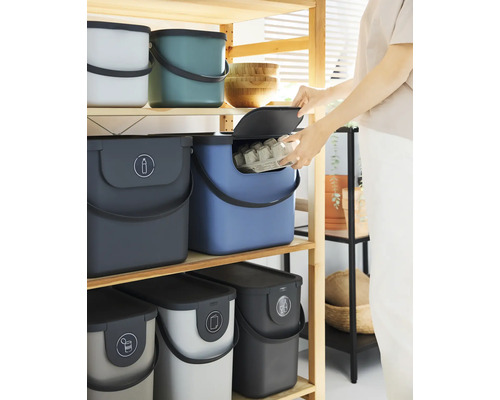 Poubelles multicolores en plastique sur une étagère en bois. Une personne jette une boîte à œufs dans l''une des poubelles. Tri des déchets.