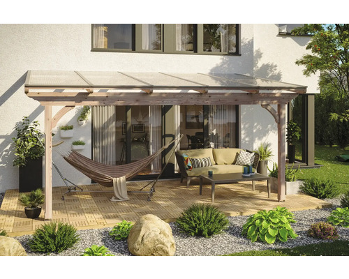 Toiture pour terrasses Ravenna, 541x300 cm, pin Douglas Pergola en bois avec toit transparent, hamac et salon de jardin