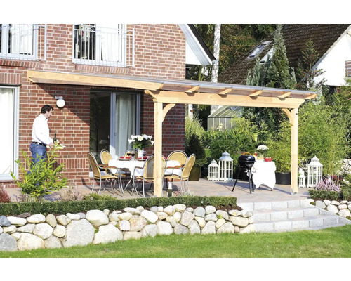 Toiture pour terrasses Ravenna, 648x350 cm, pin Douglas Terrasse avec pergola en bois, table et chaises dans le jardin