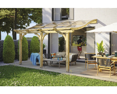 Toiture pour terrasse SKAN HOLZ Venezia 434x289 cm nature Terrasse couverte avec cadre en bois, mobilier de salon et table de jardin pour l''extérieur