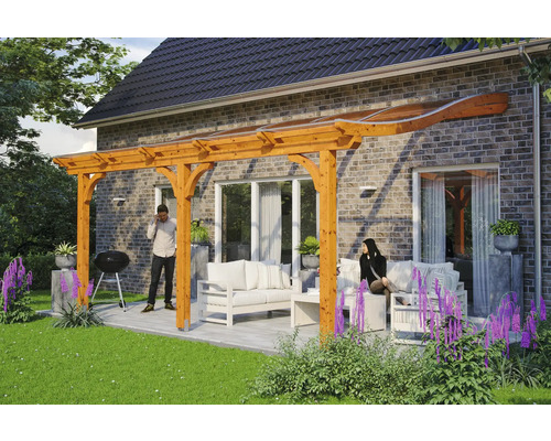 Toiture pour terrasses Skanholz Venezia 541 x 389 cm, chêne clair Pergola en bois avec toit transparent sur une terrasse avec mobilier de jardin