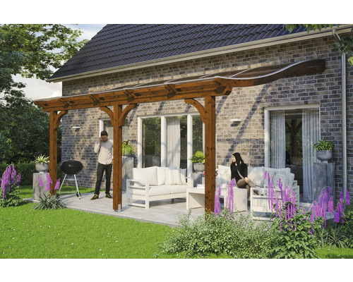 Toiture pour terrasses Skanholz Venezia 434 x 339 cm, noyer Terrasse couverte avec pergola en bois, mobilier de salon et barbecue