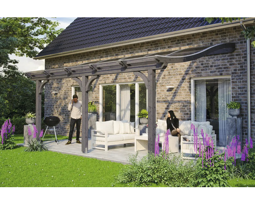 Toiture pour terrasses Skanholz Venezia 648 x 239 cm, gris ardoise Terrasse couverte avec structure en bois, mobilier de salon et barbecue