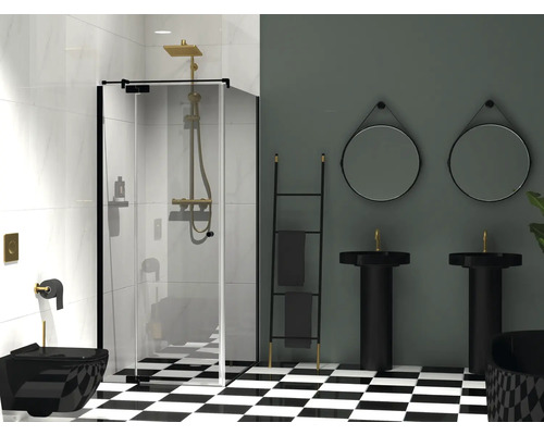 Porte de douche avec paroi latérale Jungborn SETTE porte pivotante avec partie fixe à gauche et paroi latérale à droite 90 x 100 cm couleur de profilé noir verre transparent avec revêtement résistant à la saleté et poignée tampon