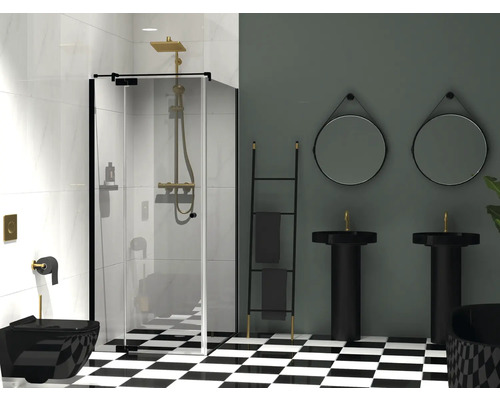 Porte de douche Jungborn avec paroi latérale SETTE porte pivotante avec partie fixe à gauche et paroi latérale à droite 75 x 75 cm couleur de profilé noir verre transparent avec revêtement résistant à la saleté et poignée