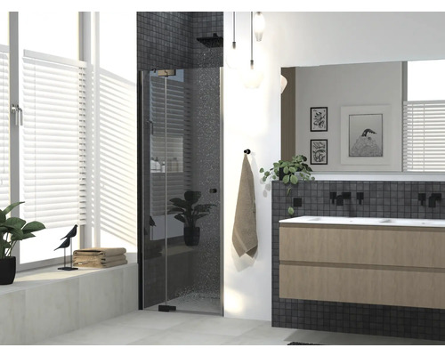 Porte de douche dans une niche Jungborn SETTE porte pivotante avec partie fixe à gauche 80 cm couleur de profilé noir verre transparent avec revêtement résistant à la saleté et poignée tampon