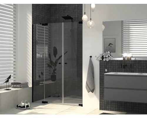 Porte de douche dans une niche Jungborn SETTE porte battante avec partie fixe à gauche 140 cm couleur de profilé noir verre transparent avec revêtement résistant à la saleté et poignée tampon