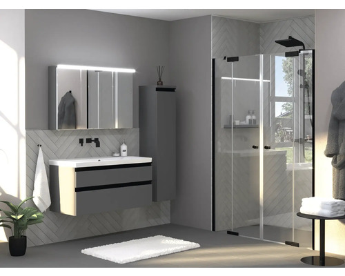 Porte de douche dans une niche Jungborn SETTE porte battante avec 2 parties fixes de 160 cm couleur de profilé noir verre transparent avec revêtement résistant à la saleté et poignée tampon