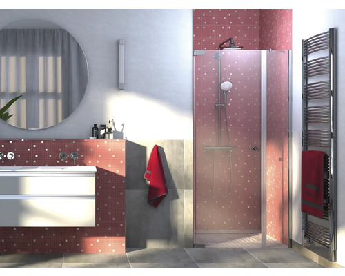 Salle de bain avec douche, lavabo et radiateur