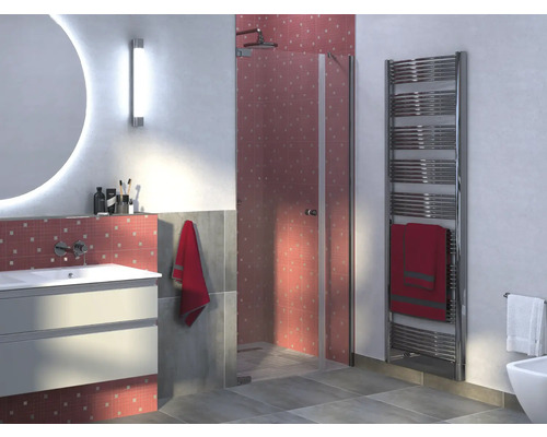 Porte de douche dans une niche Jungborn SETTE porte pivotante sur partie fixe tirant gauche 80 cm couleur de profilé chrome verre transparent avec revêtement résistant à la saleté et poignée tampon