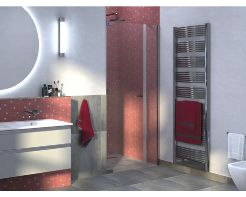 Porte de douche Jungborn dans une niche SETTE porte pivotante sur partie fixe tirant gauche 90 cm couleur de profilé chrome verre transparent avec revêtement résistant à la saleté et poignée