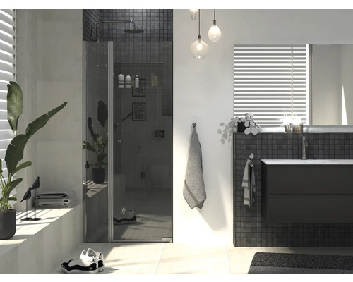 Porte de douche dans une niche Jungborn SETTE porte pivotante sur partie fixe tirant droit 100 cm couleur de profilé chrome verre transparent avec revêtement résistant à la saleté et poignée tampon