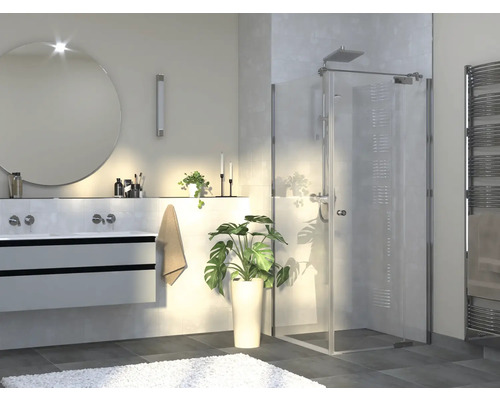 Porte de douche avec paroi latérale Jungborn SETTE porte pivotante avec partie fixe à droite et paroi latérale à gauche 75 x 90 cm couleur de profilé chrome verre transparent avec revêtement résistant à la saleté avec poignée tampon