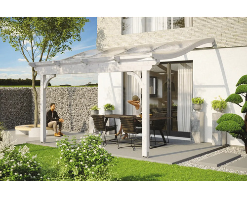 Toiture pour terrasse SKAN HOLZ Verona 434x239 cm blanc Terrasse avec toit de terrasse, table, chaises et décoration dans le jardin